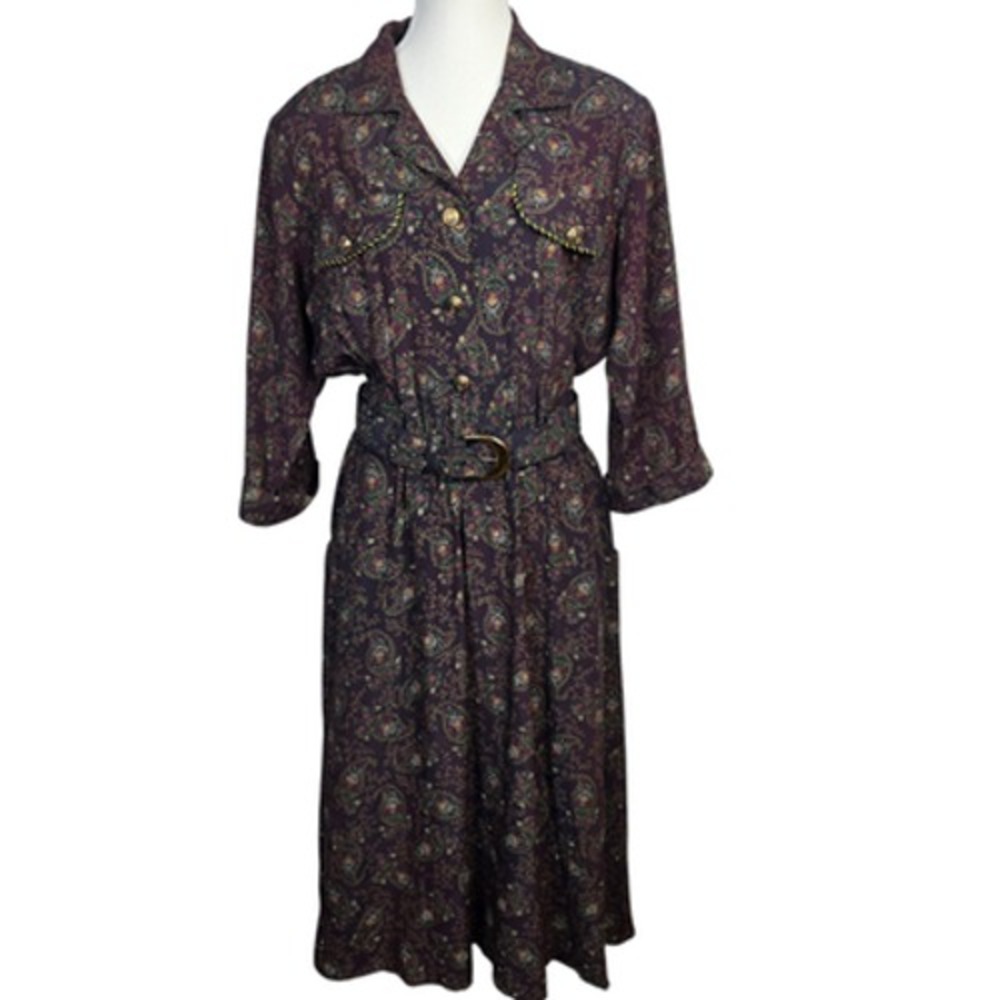 S L Petites Womens Dress‎ Size 12 Purple Paisley Belted Midi Button Front